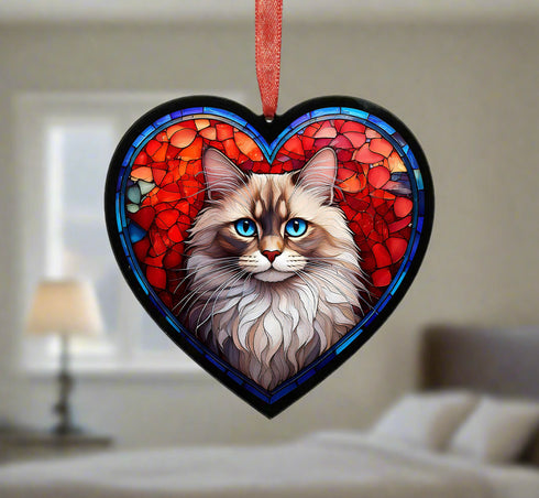 Ragdoll Cat Stained Glass Effect Heart Suncatcher